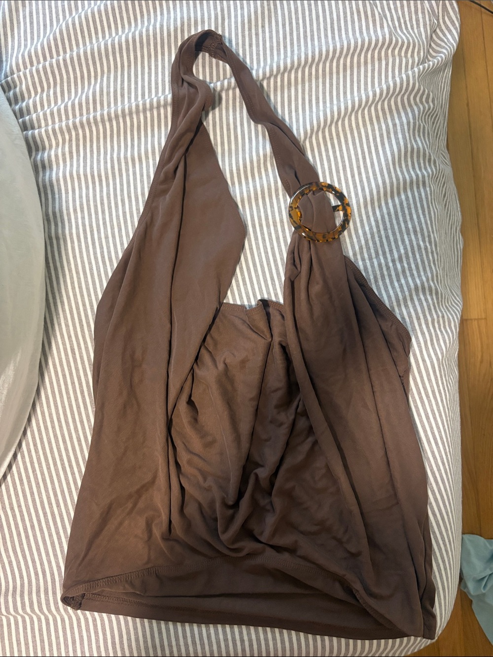 Princess Polly One-Shoulder Brown Dress with Tortoiseshell Ring